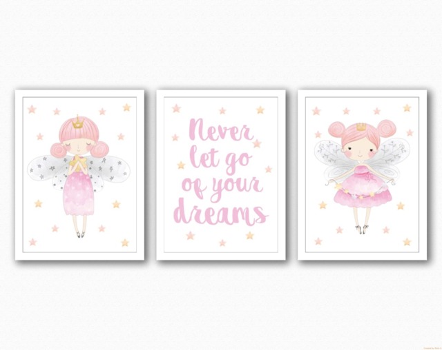 Fairy Girl Prints Nursery Bedroom Decor, Set Of 3