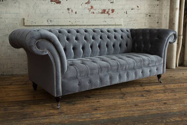 British Handmade 3 Seater Grey Velvet Fabric Chesterfield Sofa - image 1
