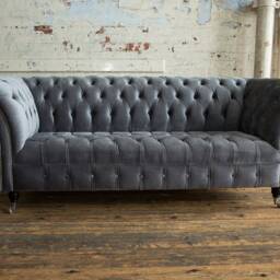 British Handmade 3 Seater Grey Velvet Fabric Chesterfield Sofa - thumbnail 2
