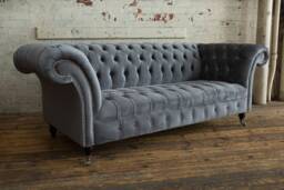 British Handmade 3 Seater Grey Velvet Fabric Chesterfield Sofa - thumbnail 1
