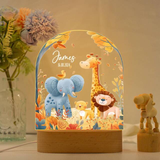 Personalised Led Animal Lamp, Safari Jungle Animals Light, Kids Night Light Gift, Easter Gifts For Kids, Kids Bedroom Nursery Table - image 1
