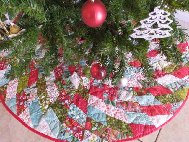 Quilted Christmas Tree Skirt, Red Green Blue Decor - image 1