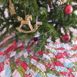 Quilted Christmas Tree Skirt, Red Green Blue Decor - thumbnail 4