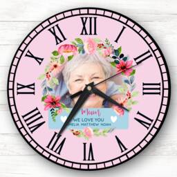 Pink Blue Mum Photo Flower Wreath Personalised Gift Clock