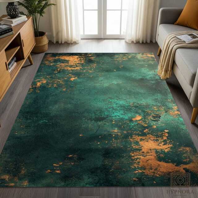 Teal Gold Abstract Area Rug Distressed Boho Living Room Mat - image 1