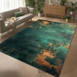 Teal Gold Abstract Area Rug Distressed Boho Living Room Mat - thumbnail 2