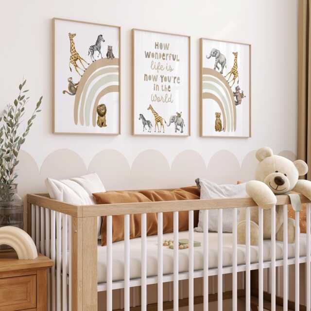 Safari Nursery Print Set, Beige Rainbow, Animal Wall Art - image 1