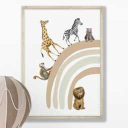 Safari Nursery Print Set, Beige Rainbow, Animal Wall Art - thumbnail 3