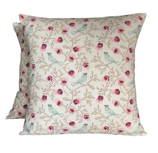 "2 Fryetts Birdsong Chintz Raspberry Cream Cushion Covers Pink Blue Bird Print 16""-24" - image 1