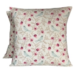 "2 Fryetts Birdsong Chintz Raspberry Cream Cushion Covers Pink Blue Bird Print 16""-24"