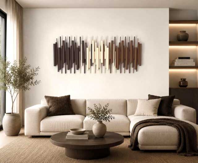 Handcrafted Wood Wall Sculpture - Japandi Dowel Slat Art, Neutral Geometric Decor - image 1