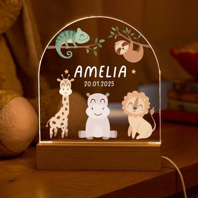Personalised Led Night Light Name Birth Date Cute Woodland Jungle Safari Animals Design Baby Gift Nursery Lamp Bedroom Decor Sleep Newborn - image 1