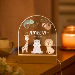 Personalised Led Night Light Name Birth Date Cute Woodland Jungle Safari Animals Design Baby Gift Nursery Lamp Bedroom Decor Sleep Newborn - thumbnail 2