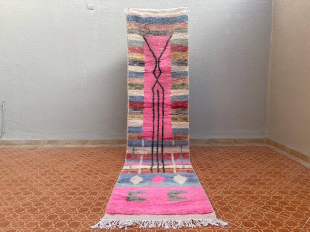 Handwoven Pink Boujaad Runner Rug - Moroccan Tribal Design - 2.6 X 10.3 Ft - image 1