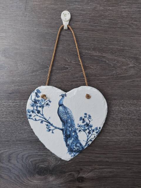 Peacock Slate Heart Wall Hanging Decoupage Blue Decor - 15cm - image 1