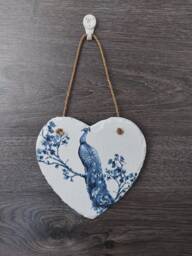 Peacock Slate Heart Wall Hanging Decoupage Blue Decor - 15cm