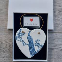 Peacock Slate Heart Wall Hanging Decoupage Blue Decor - 15cm - thumbnail 3