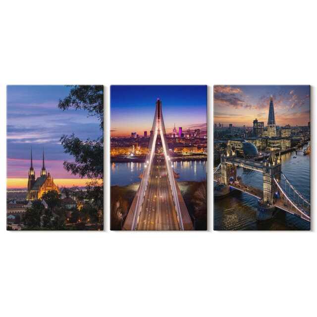 Set Of 3 Canvas Prints - City Views With Bridges & Sunsets, Blue Photo Print, Travels Wall Decor - image 1