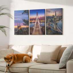 Set Of 3 Canvas Prints - City Views With Bridges & Sunsets, Blue Photo Print, Travels Wall Decor - thumbnail 3