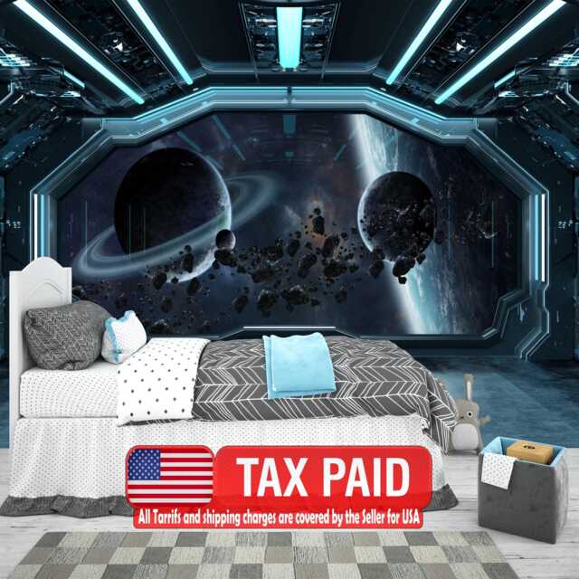 Spaceship Window Wall Mural, Stars Astronomy Kids Room Peel & Stick Wallpaper - image 1