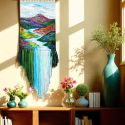 Handwoven Mountain River Tapestry Boho Fiber Art Wall Hanging - thumbnail 3