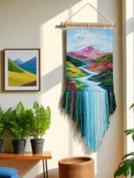 Handwoven Mountain River Tapestry Boho Fiber Art Wall Hanging
