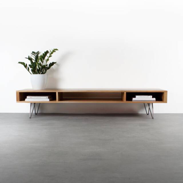 "Mid Century Low Wide Tv Stand Or Coffee Table. Large Minimalist Solid Oak Table On Hairpin Legs ""Marston Oak" - image 1