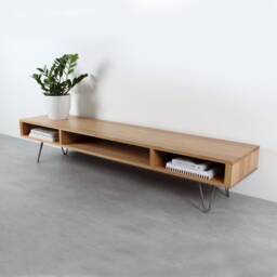 "Mid Century Low Wide Tv Stand Or Coffee Table. Large Minimalist Solid Oak Table On Hairpin Legs ""Marston Oak" - thumbnail 3