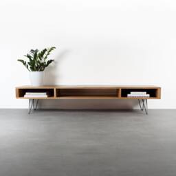 "Mid Century Low Wide Tv Stand Or Coffee Table. Large Minimalist Solid Oak Table On Hairpin Legs ""Marston Oak"