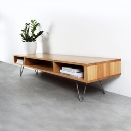 "Mid Century Low Wide Tv Stand Or Coffee Table. Large Minimalist Solid Oak Table On Hairpin Legs ""Marston Oak" - thumbnail 2