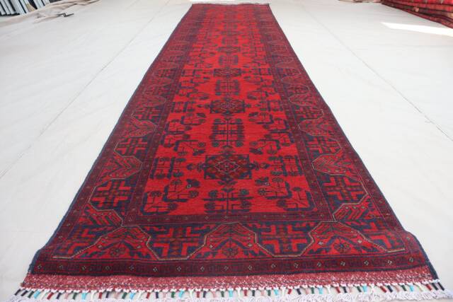 Red 13 Ft Runner Rug Afghan Vintage Rug, Bukhara Design Khal Muhammadi Handmade High Pile Wool Turkmen Tribal Rug 85x400 cm 3x10 - image 1