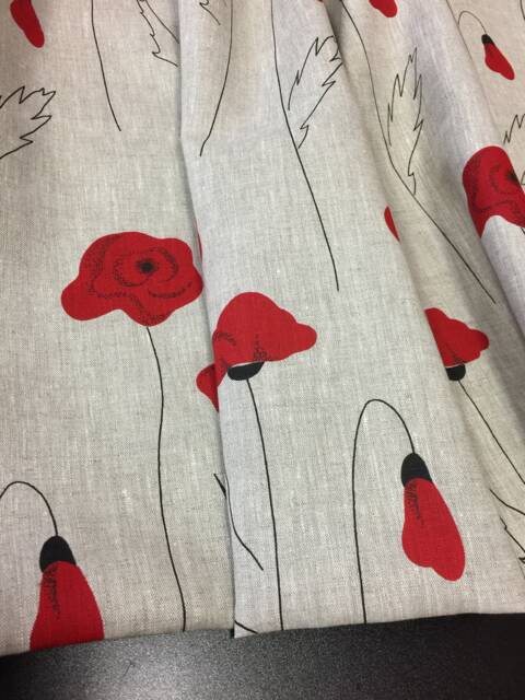 Linen Curtains Cafe Kitchen Valance Natural Beige Poppies Pattern Floral Blend Fabric - image 1