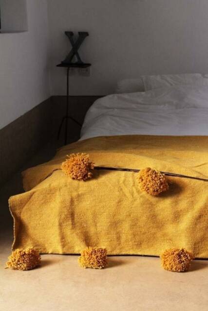 Mustard Moroccan Pom Throw Blanket, Bohemian Decor Bedcover, Blanket Sofa, Blanket, Throw Blanket With Tassels - image 1