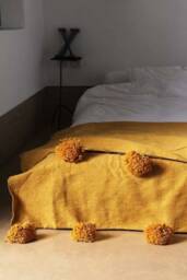 Mustard Moroccan Pom Throw Blanket, Bohemian Decor Bedcover, Blanket Sofa, Blanket, Throw Blanket With Tassels - thumbnail 1