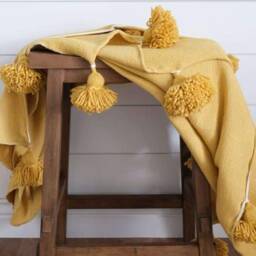 Mustard Moroccan Pom Throw Blanket, Bohemian Decor Bedcover, Blanket Sofa, Blanket, Throw Blanket With Tassels - thumbnail 4