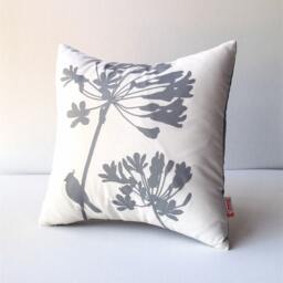Grey Print On Off-White Cardinal Agapanthus-Mini 10.5 Inches Square Pillow - thumbnail 3