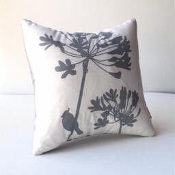 Grey Print On Off-White Cardinal Agapanthus-Mini 10.5 Inches Square Pillow - thumbnail 2