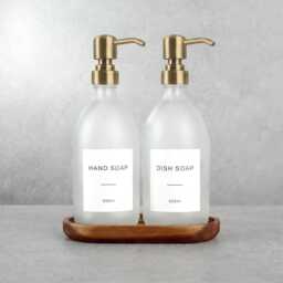 Acacia Tray & Frosted White Dispenser Set - Labelled Refillable Bottle With Gold Pump & Label - For Shampoo, Hand Soap, Cream, Body Wash - thumbnail 1