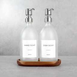 Acacia Tray & Frosted White Dispenser Set - Labelled Refillable Bottle With Gold Pump & Label - For Shampoo, Hand Soap, Cream, Body Wash - thumbnail 3