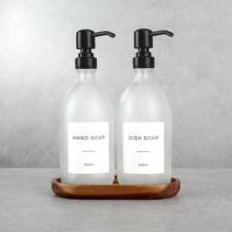 Acacia Tray & Frosted White Dispenser Set - Labelled Refillable Bottle With Gold Pump & Label - For Shampoo, Hand Soap, Cream, Body Wash - thumbnail 2