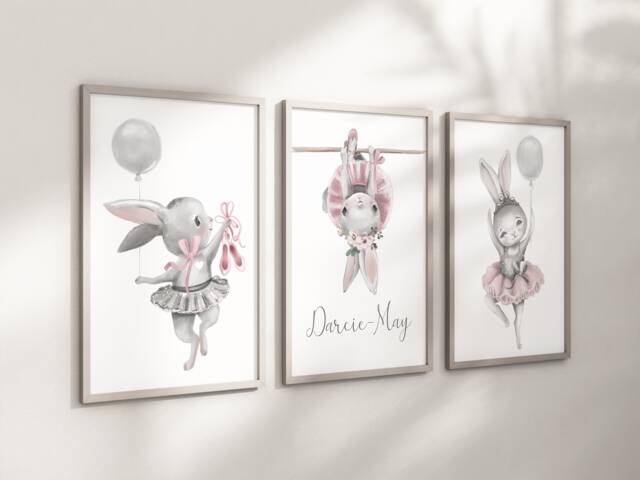 Rabbit Ballerina Ballet Bunny Baby Girls A4 Or A3 Nursery Set Of Unframed Prints Pink Grey Flowers - image 1