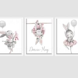 Rabbit Ballerina Ballet Bunny Baby Girls A4 Or A3 Nursery Set Of Unframed Prints Pink Grey Flowers - thumbnail 2
