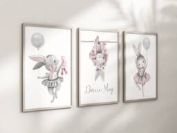 Rabbit Ballerina Ballet Bunny Baby Girls A4 Or A3 Nursery Set Of Unframed Prints Pink Grey Flowers - thumbnail 1