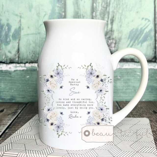 Personalised Thank You Gift Mum Mom Nanna Nanny Grandma Friend Sister Auntie Daughter Floral Ceramic Small Vase Jug Mug Birthday - image 1