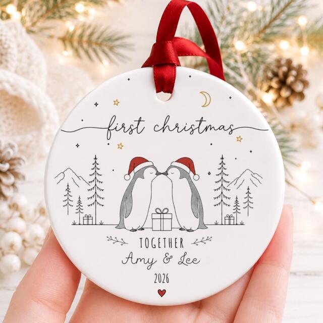 Our First Christmas Together Ornament - Personalised Couple Bauble Penguin Ceramic Decoration Romantic Keepsake Gift - image 1