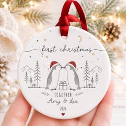 Our First Christmas Together Ornament - Personalised Couple Bauble Penguin Ceramic Decoration Romantic Keepsake Gift - thumbnail 1