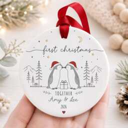 Our First Christmas Together Ornament - Personalised Couple Bauble Penguin Ceramic Decoration Romantic Keepsake Gift - thumbnail 3