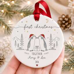 Our First Christmas Together Ornament - Personalised Couple Bauble Penguin Ceramic Decoration Romantic Keepsake Gift - thumbnail 2