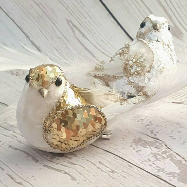 White & Gold Christmas Birds. Velvet, Sequins, Beaded, Tree Decoration, Feathers - image 1
