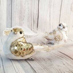 White & Gold Christmas Birds. Velvet, Sequins, Beaded, Tree Decoration, Feathers - thumbnail 2
